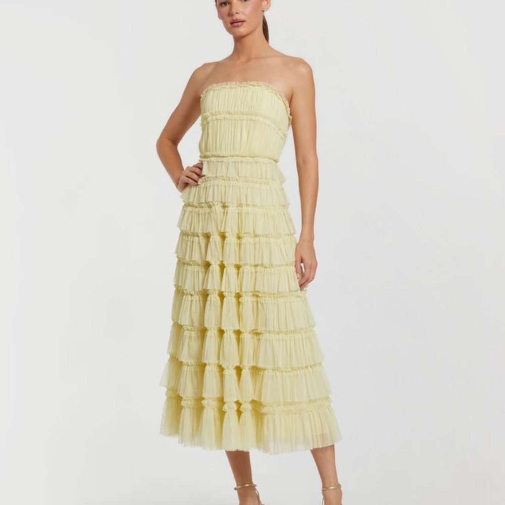 Mac Duggal Light Yellow Strapless Ruffle Midi Dress